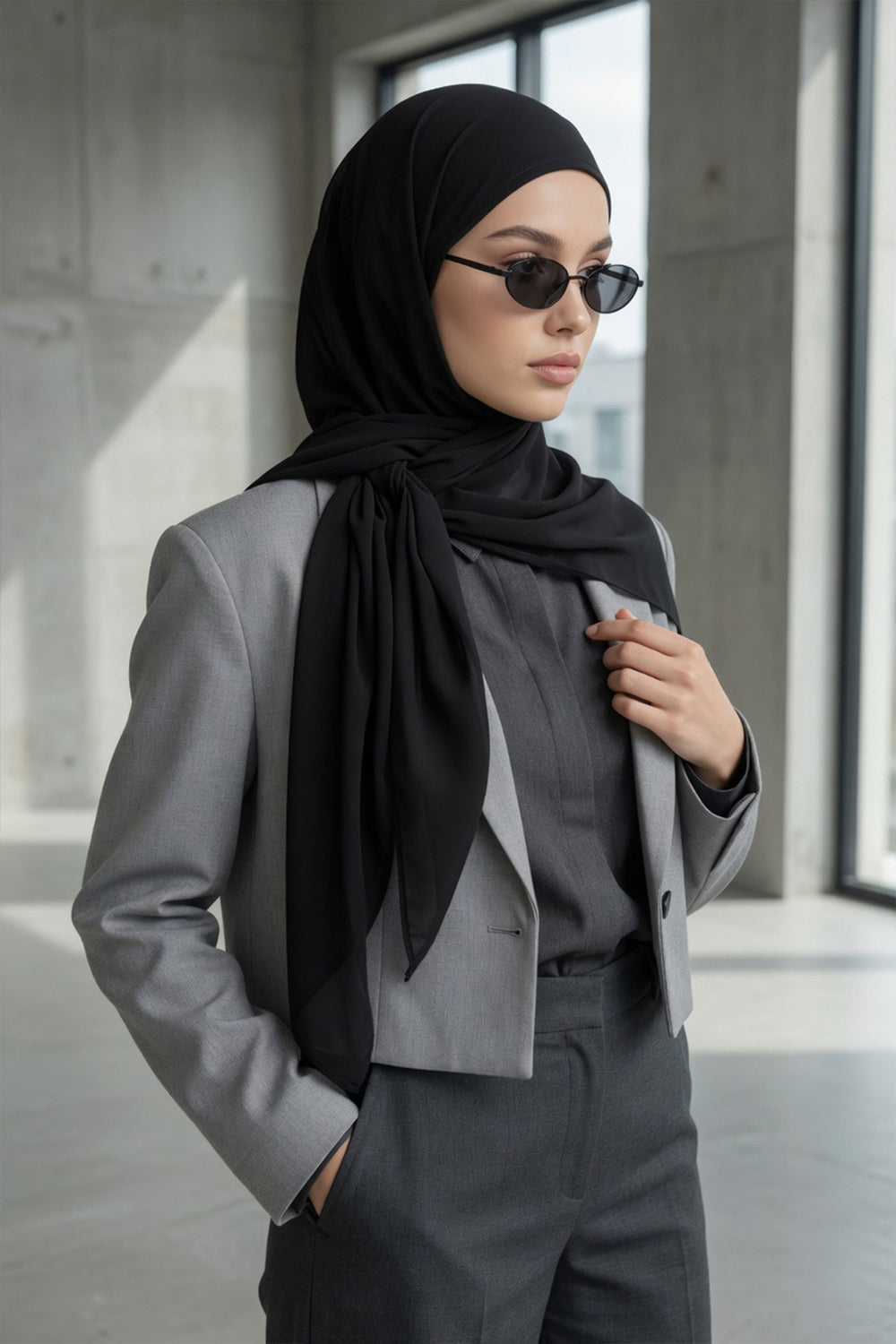 Tie-Back Chiffon Shawl Hijab with Built-In Jersey Underscarf, Non-Slip Ready-to-Wear Chiffon Hijab,PS-61 Black