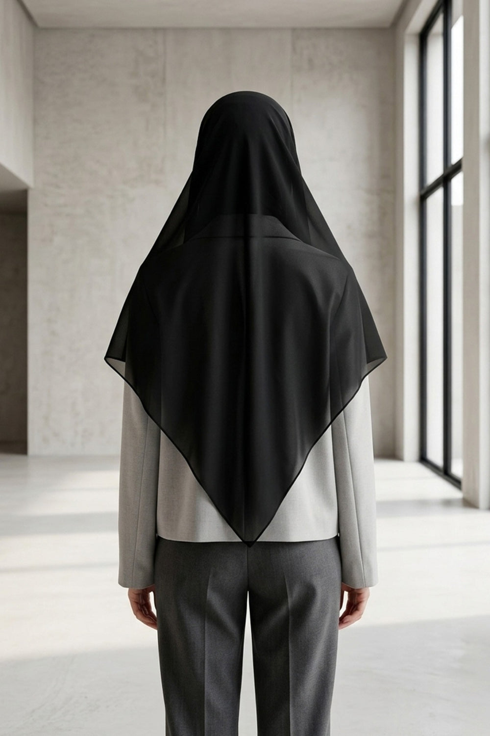 Tie-Back Chiffon Shawl Hijab with Built-In Jersey Underscarf, Non-Slip Ready-to-Wear Chiffon Hijab,PS-61 Black