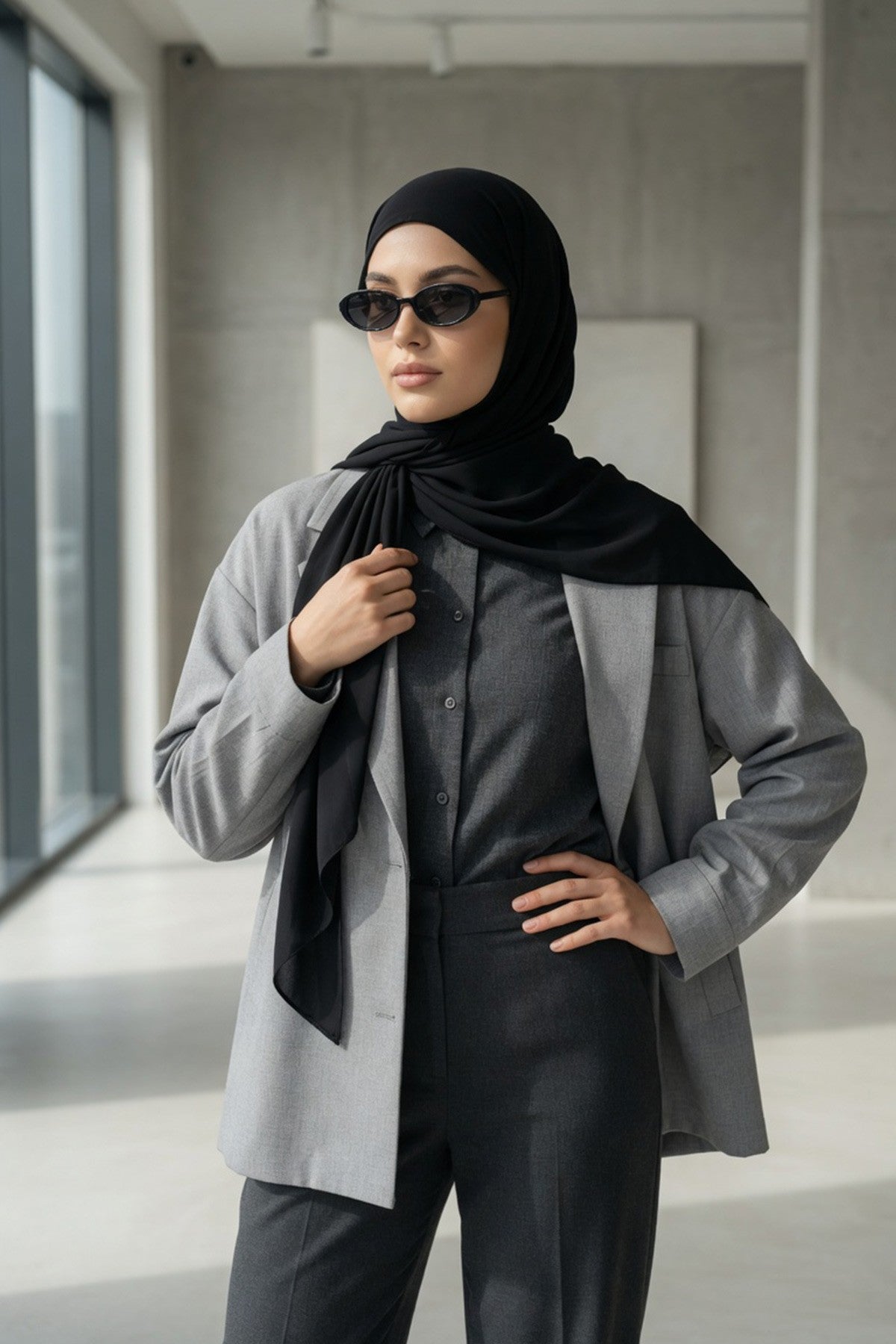 Tie-Back Chiffon Shawl Hijab with Built-In Jersey Underscarf, Non-Slip Ready-to-Wear Chiffon Hijab,PS-61 Black