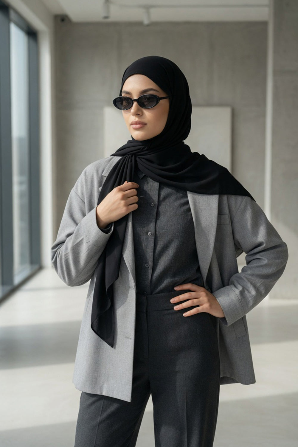 Tie-Back Chiffon Shawl Hijab with Built-In Jersey Underscarf, Non-Slip Ready-to-Wear Chiffon Hijab,PS-61 Black