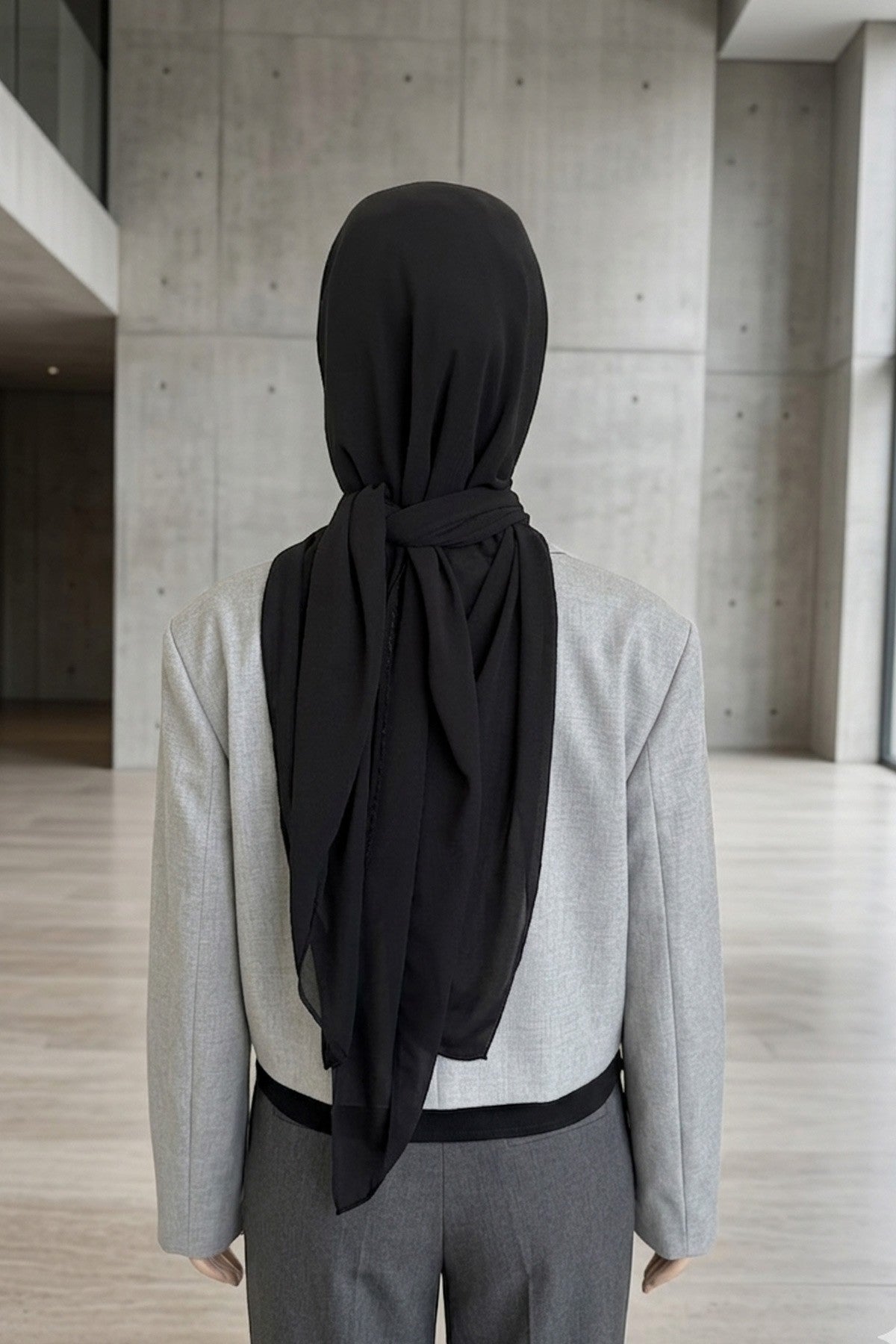 Tie-Back Chiffon Shawl Hijab with Built-In Jersey Underscarf, Non-Slip Ready-to-Wear Chiffon Hijab,PS-61 Black
