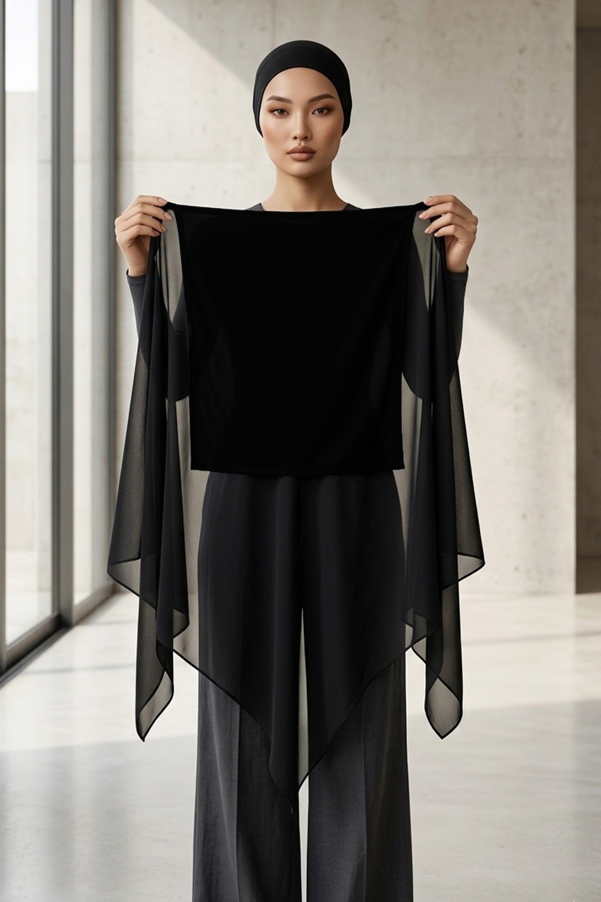 Tie-Back Chiffon Shawl Hijab with Built-In Jersey Underscarf, Non-Slip Ready-to-Wear Chiffon Hijab,PS-61 Black