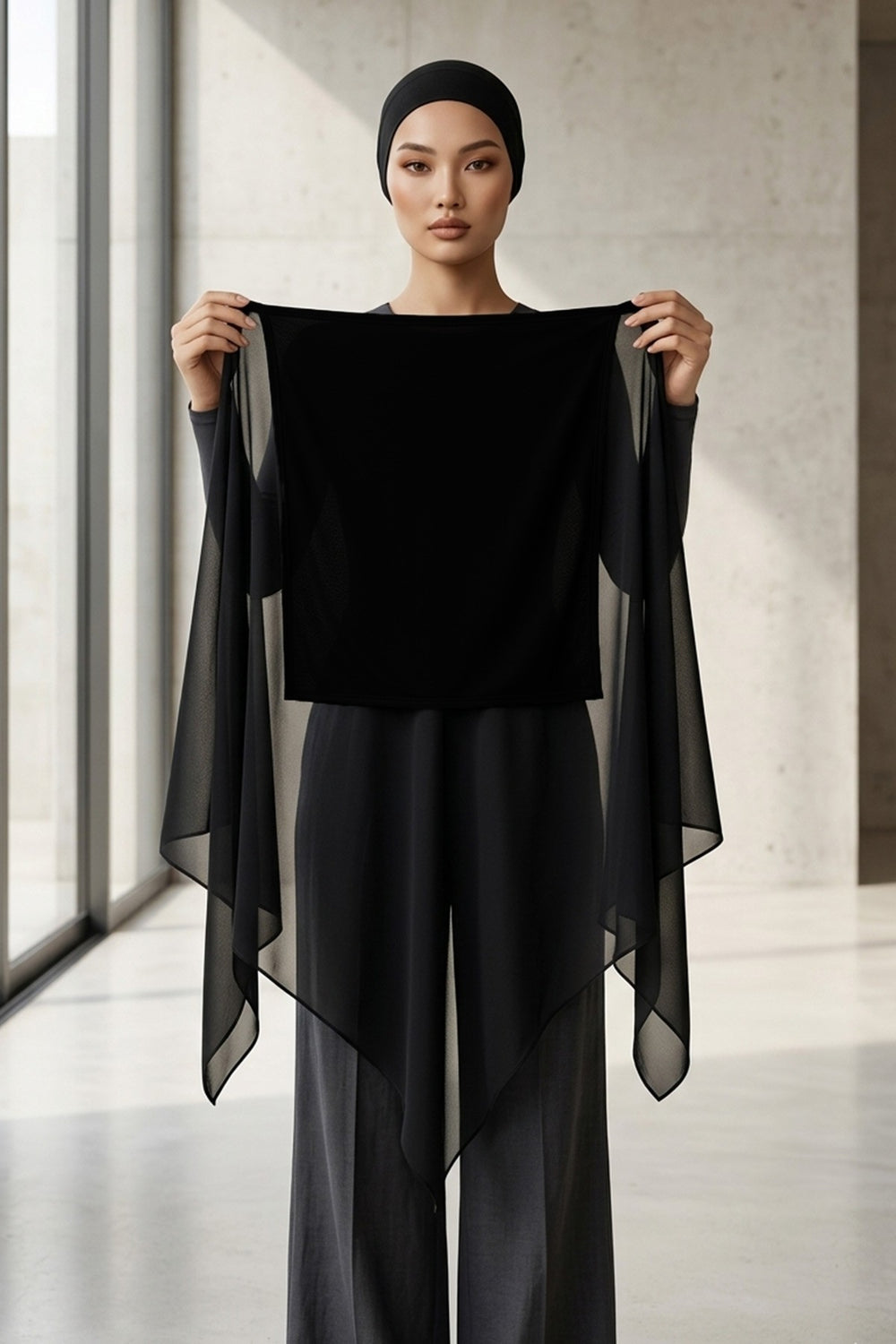 Tie-Back Chiffon Shawl Hijab with Built-In Jersey Underscarf, Non-Slip Ready-to-Wear Chiffon Hijab,PS-61 Black
