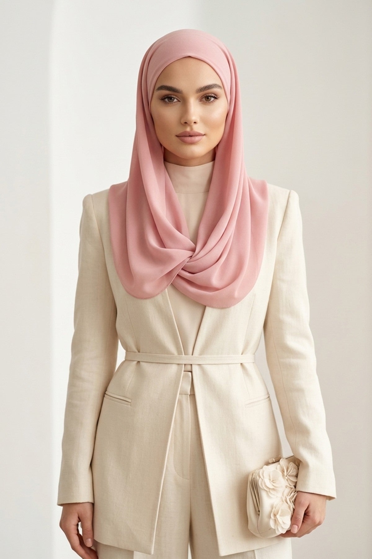 Tie-Back Chiffon Shawl Hijab with Built-In Jersey Underscarf, Non-Slip Ready-to-Wear Chiffon Hijab,PS-61 Powder
