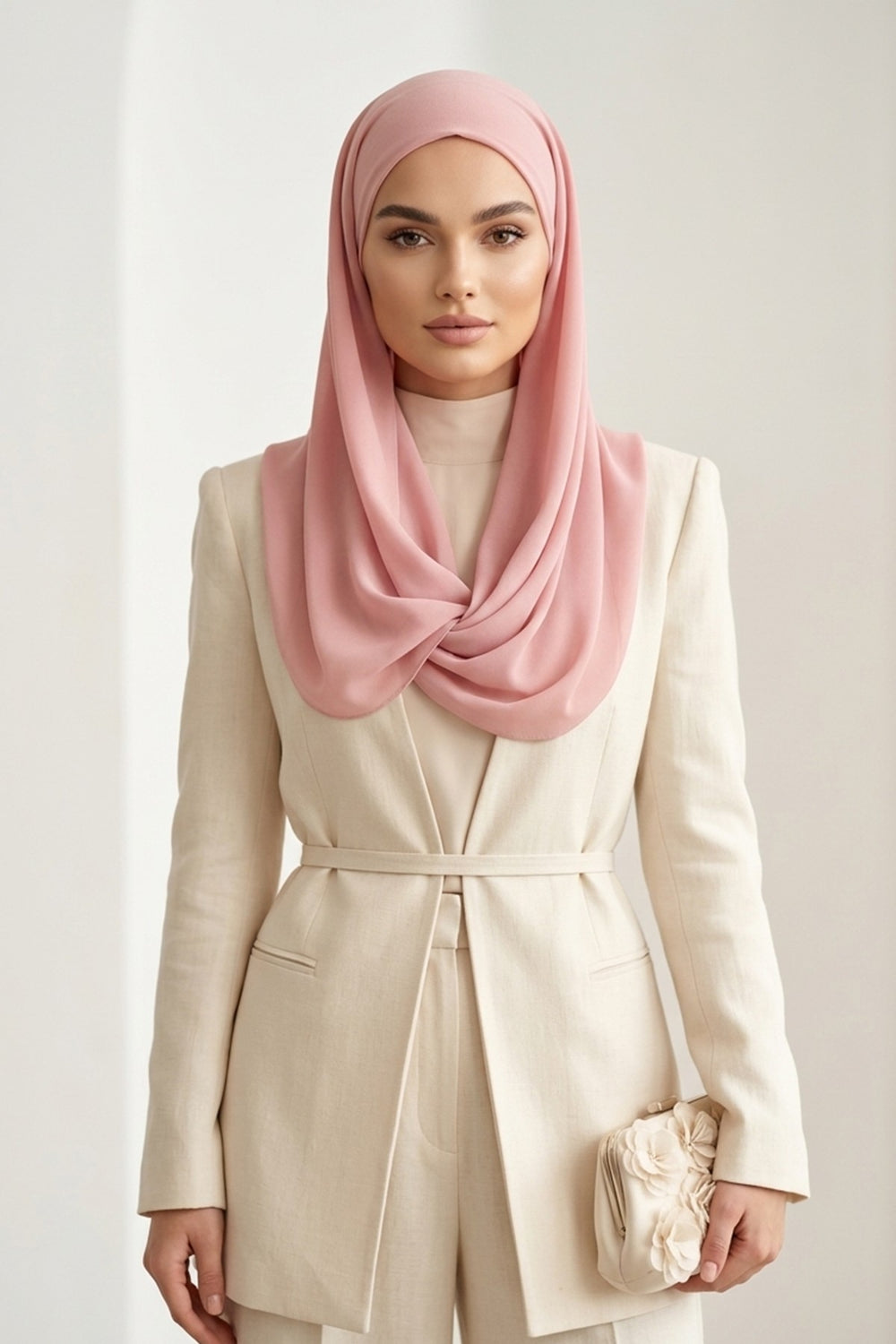 Tie-Back Chiffon Shawl Hijab with Built-In Jersey Underscarf, Non-Slip Ready-to-Wear Chiffon Hijab,PS-61 Powder