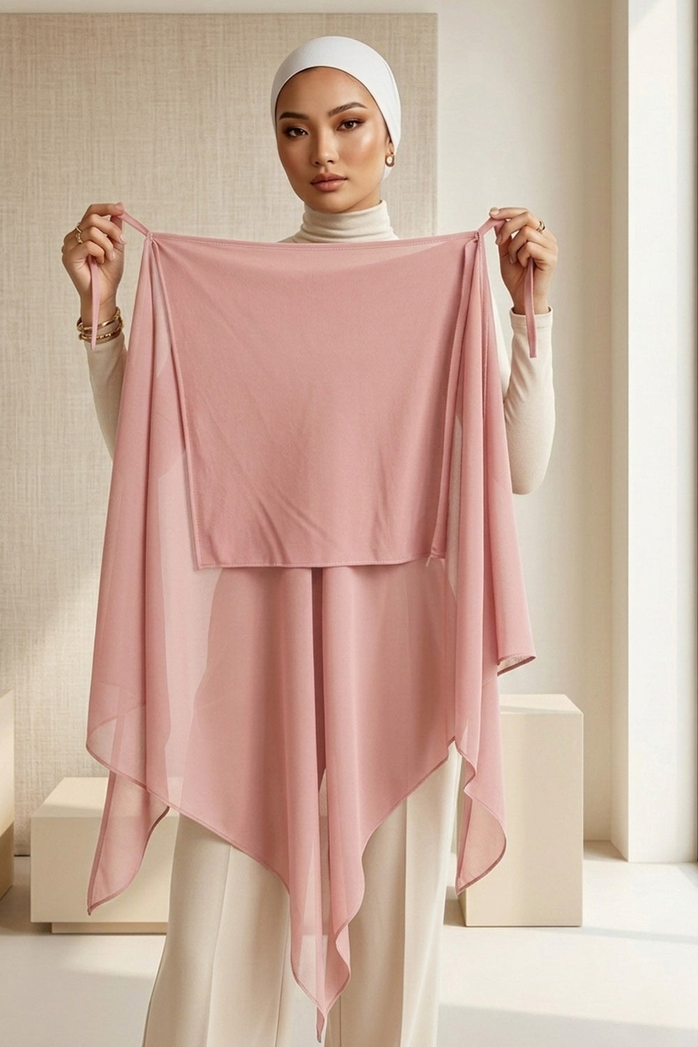 Tie-Back Chiffon Shawl Hijab with Built-In Jersey Underscarf, Non-Slip Ready-to-Wear Chiffon Hijab,PS-61 Powder