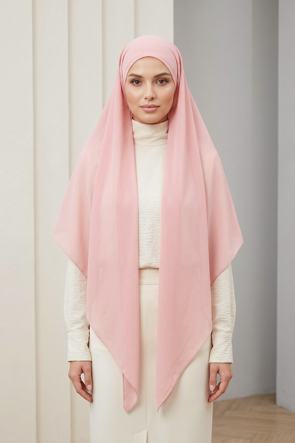 Tie-Back Chiffon Shawl Hijab with Built-In Jersey Underscarf, Non-Slip Ready-to-Wear Chiffon Hijab,PS-61 Powder