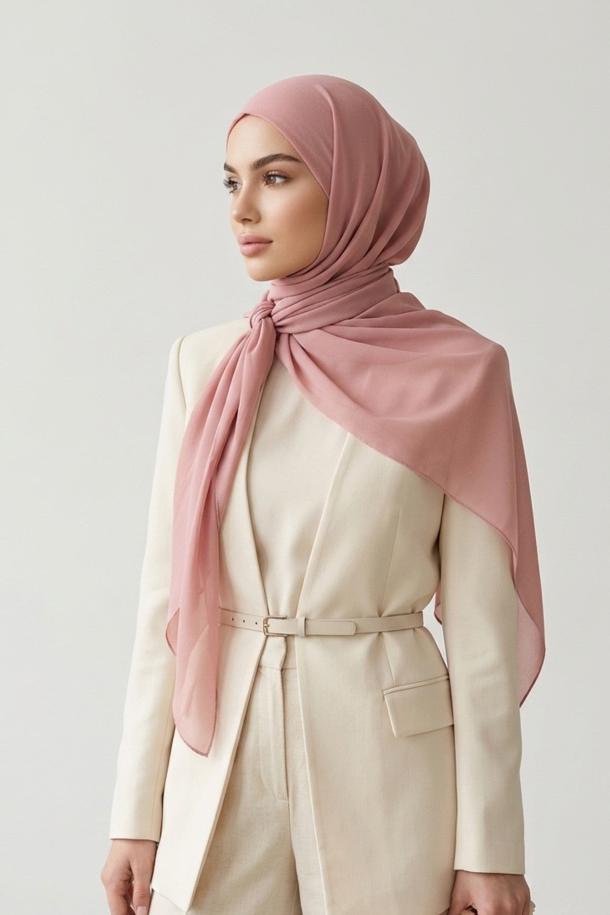 Tie-Back Chiffon Shawl Hijab with Built-In Jersey Underscarf, Non-Slip Ready-to-Wear Chiffon Hijab,PS-61 Powder