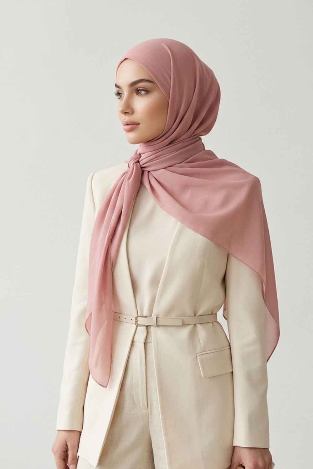 Tie-Back Chiffon Shawl Hijab with Built-In Jersey Underscarf, Non-Slip Ready-to-Wear Chiffon Hijab,PS-61 Powder