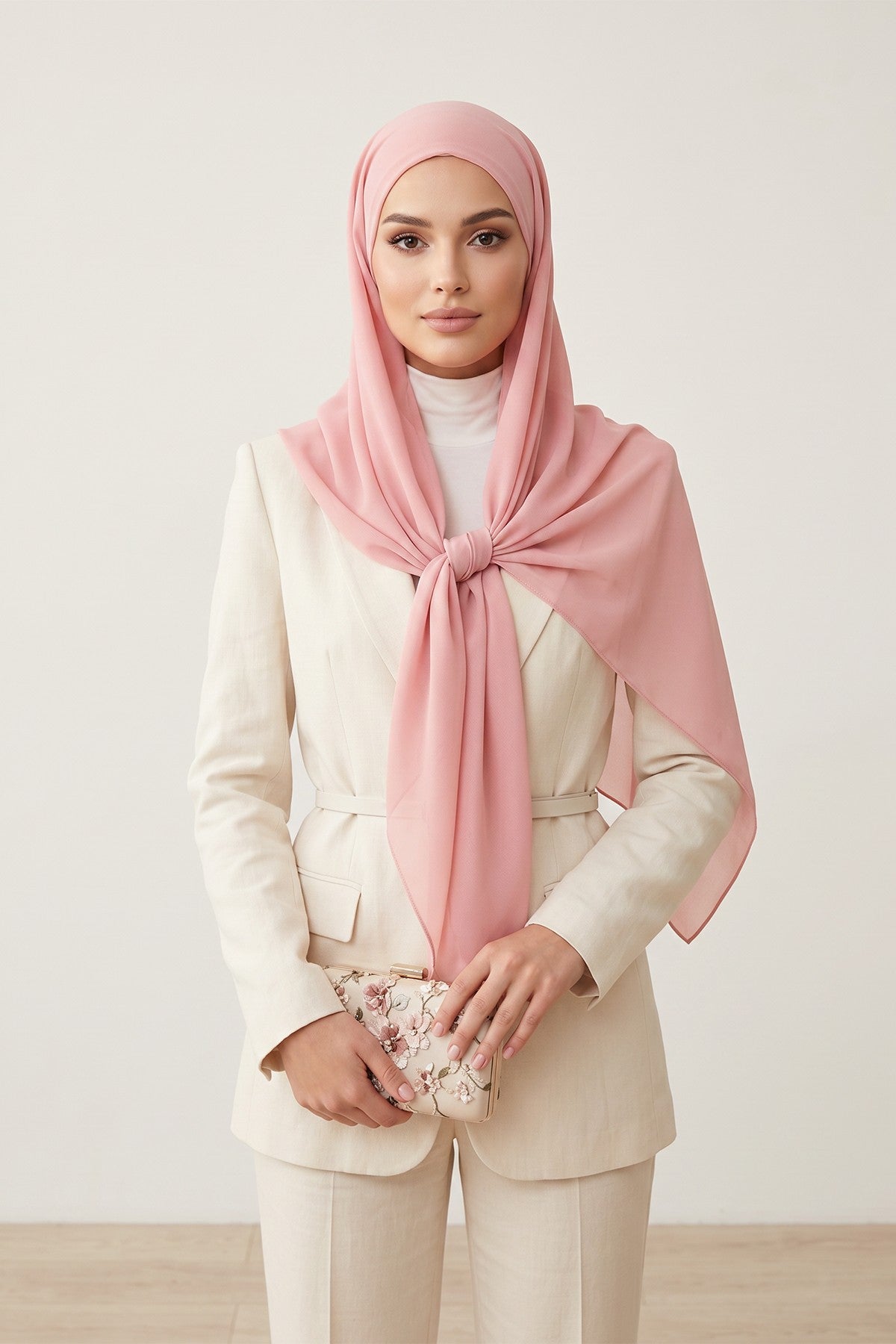 Tie-Back Chiffon Shawl Hijab with Built-In Jersey Underscarf, Non-Slip Ready-to-Wear Chiffon Hijab,PS-61 Powder