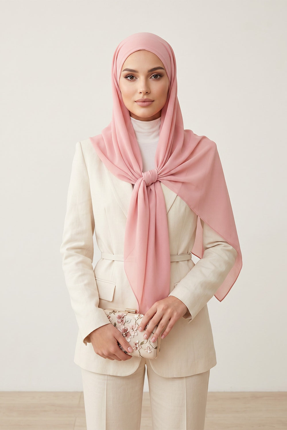 Tie-Back Chiffon Shawl Hijab with Built-In Jersey Underscarf, Non-Slip Ready-to-Wear Chiffon Hijab,PS-61 Powder