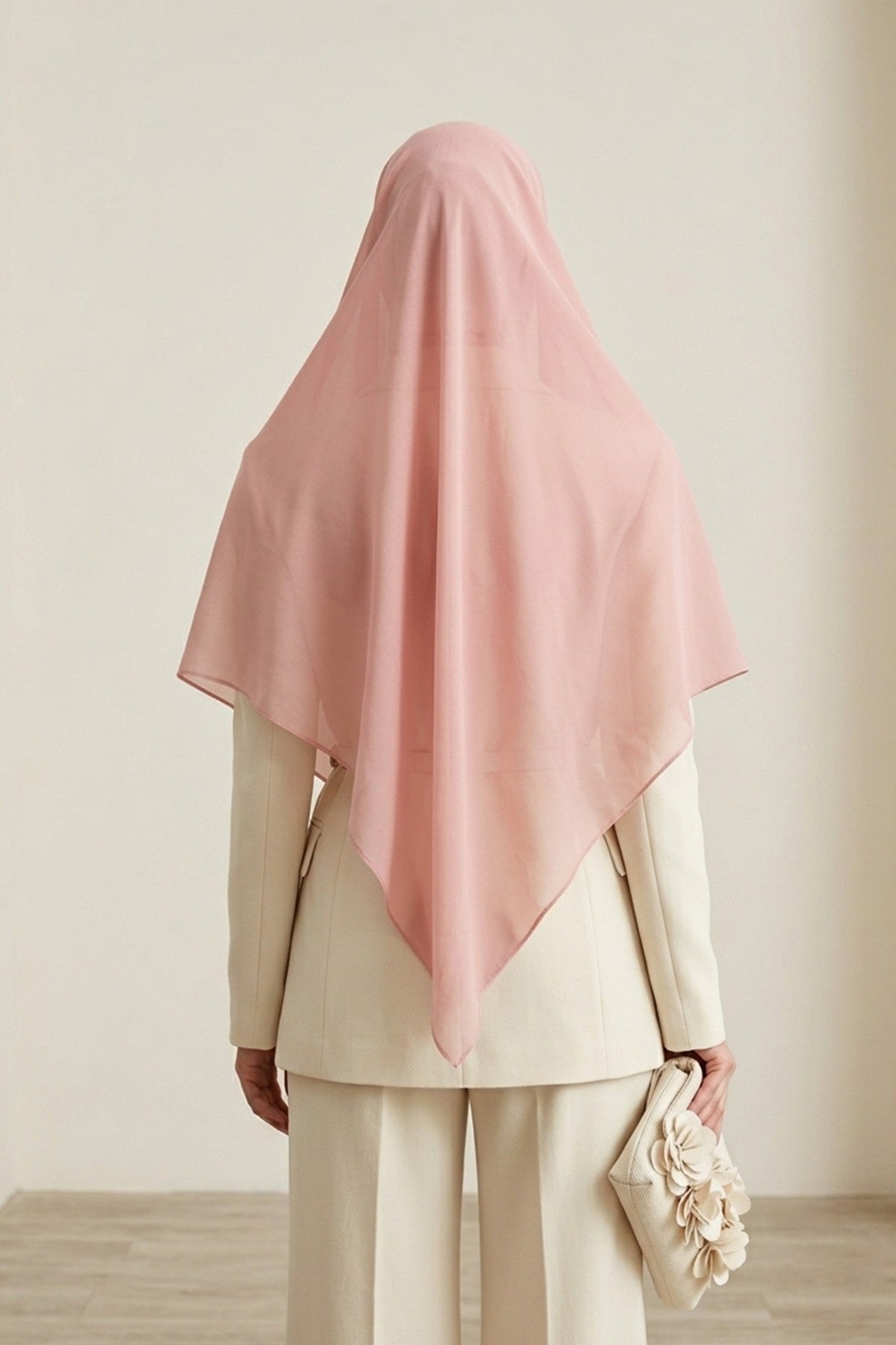 Tie-Back Chiffon Shawl Hijab with Built-In Jersey Underscarf, Non-Slip Ready-to-Wear Chiffon Hijab,PS-61 Powder