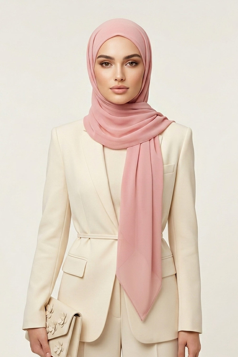 Tie-Back Chiffon Shawl Hijab with Built-In Jersey Underscarf, Non-Slip Ready-to-Wear Chiffon Hijab,PS-61 Powder