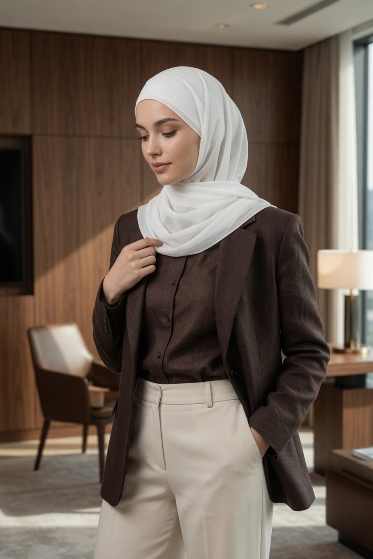 Tie-Back Chiffon Shawl Hijab with Built-In Jersey Underscarf, Non-Slip Ready-to-Wear Chiffon Hijab,PS-61 Ivory