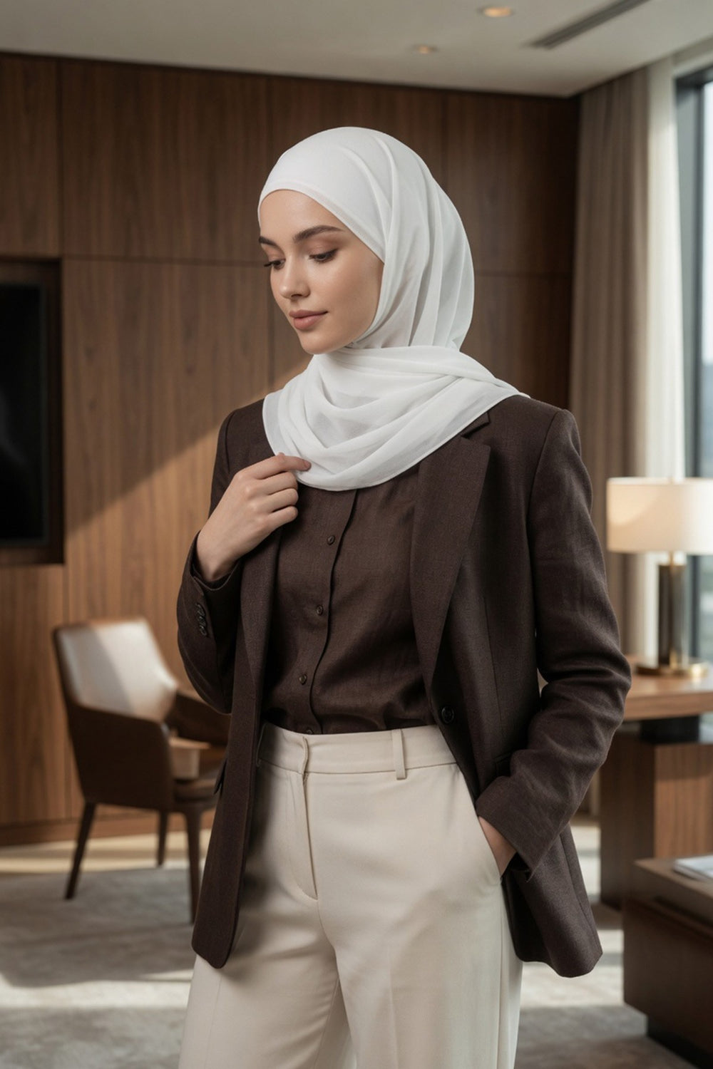 Tie-Back Chiffon Shawl Hijab with Built-In Jersey Underscarf, Non-Slip Ready-to-Wear Chiffon Hijab,PS-61 Ivory
