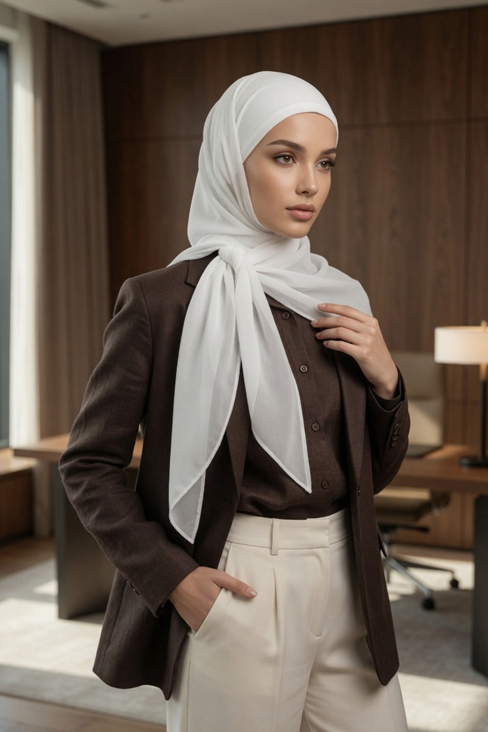 Tie-Back Chiffon Shawl Hijab with Built-In Jersey Underscarf, Non-Slip Ready-to-Wear Chiffon Hijab,PS-61 Ivory