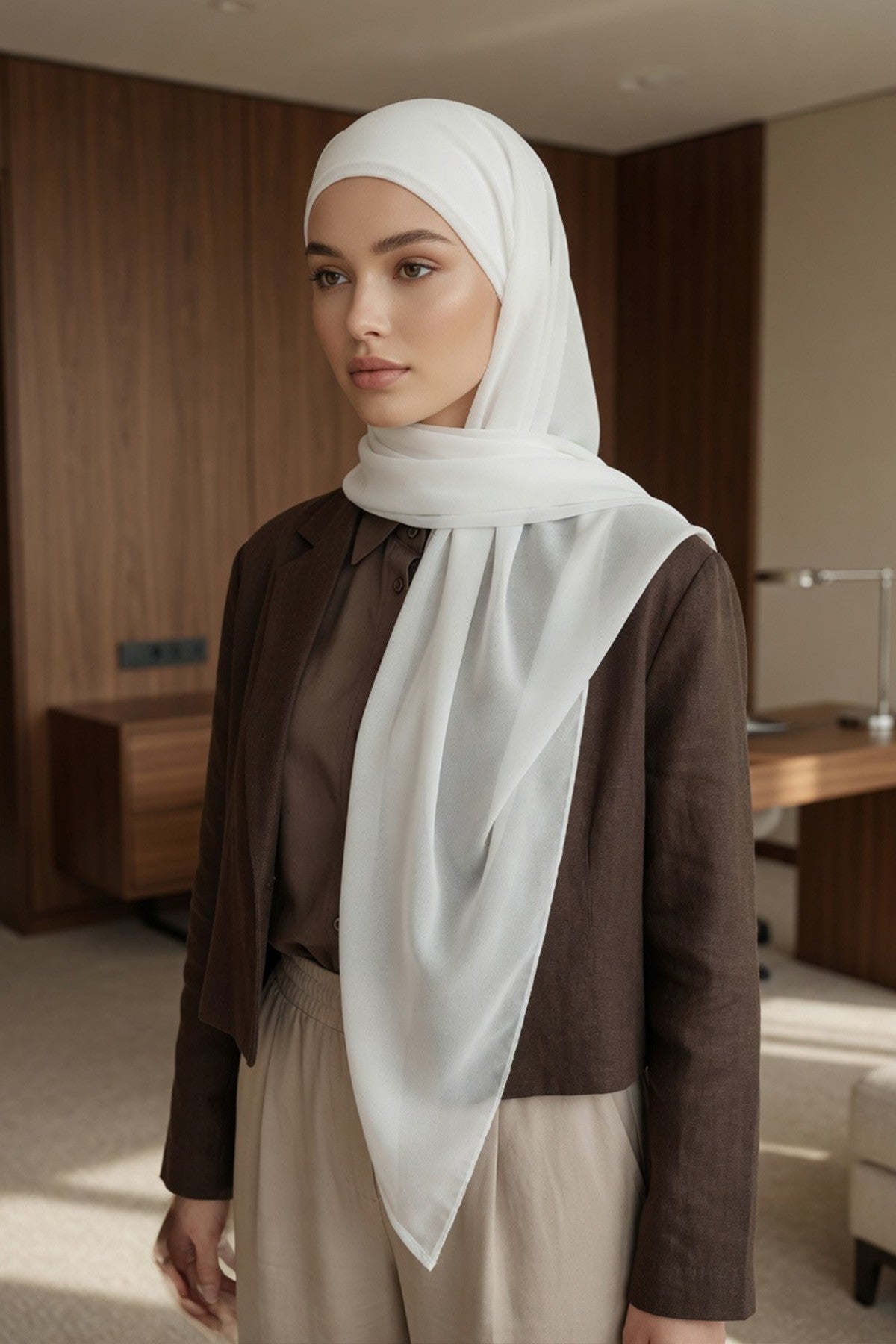 Tie-Back Chiffon Shawl Hijab with Built-In Jersey Underscarf, Non-Slip Ready-to-Wear Chiffon Hijab,PS-61 Ivory