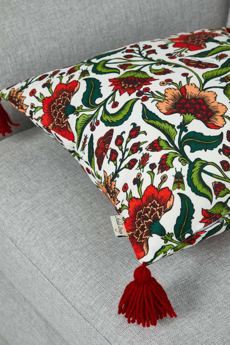 Traditional Floral Print Pillow Cover with Beautifuk Tassels, Flowers Cushion Cover for Elegant Home Decors, 18x18 Botanical Pillow,K-364