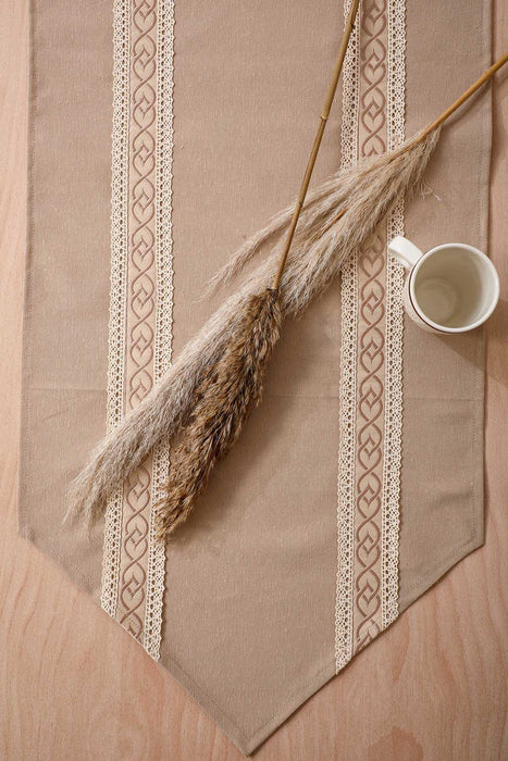 Cotton Blend Beige Table Runner with Vintage Lace Detail, 48x12 Inches Bohemian Natural Table Runner, Lace Table Linen for Home Dining,R-42O