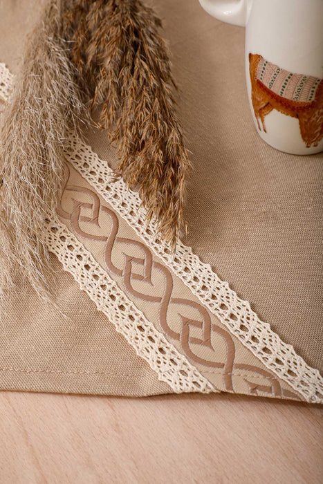 Cotton Blend Beige Table Runner with Vintage Lace Detail, 48x12 Inches Bohemian Natural Table Runner, Lace Table Linen for Home Dining,R-42O