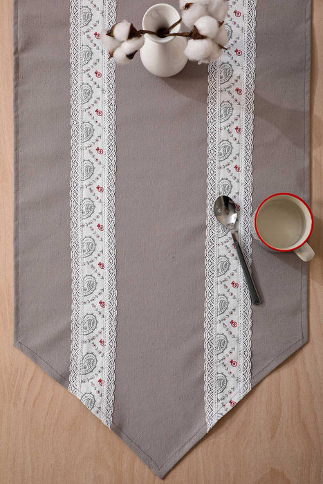 Trimmed Linen Textured Fabric Table Runner with Lace Embroidery Machine Washable Table Cloth for Home Kitchen Decorations Wedding,,R-27B