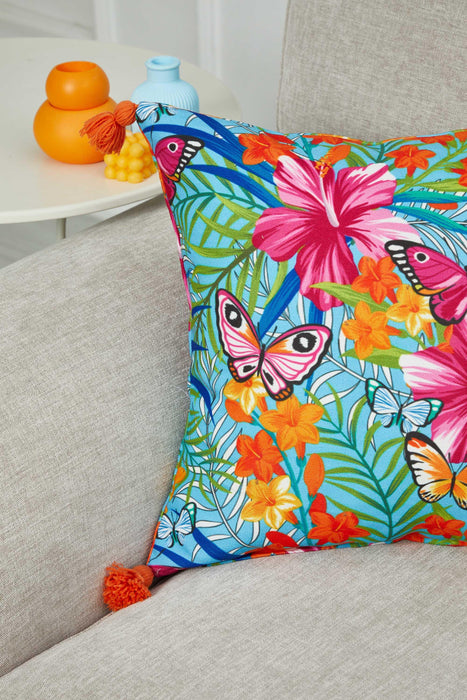 Tropical Butterfly Garden Pillow Cover with Tassels, Exotic Floral Cushion Cover for Vibrant Home Decor, 18x18 Butterfly Pillow Cover,K-363