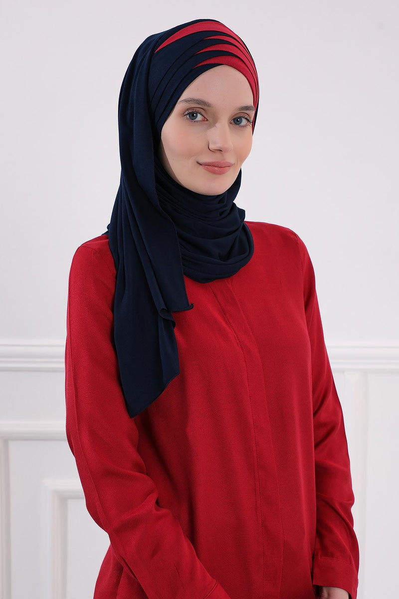 Two Colors Elegant Jersey Shawl for Women %95 Cotton Wrap Modesty Turban Cap Scarf,CPS-49 Navy Blue - Maroon