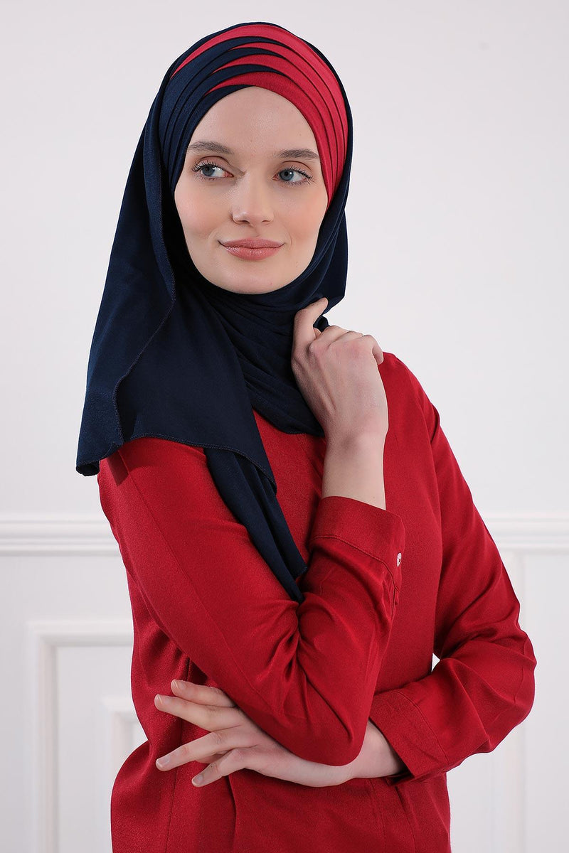 Two Colors Elegant Jersey Shawl for Women %95 Cotton Wrap Modesty Turban Cap Scarf,CPS-49 Navy Blue - Maroon