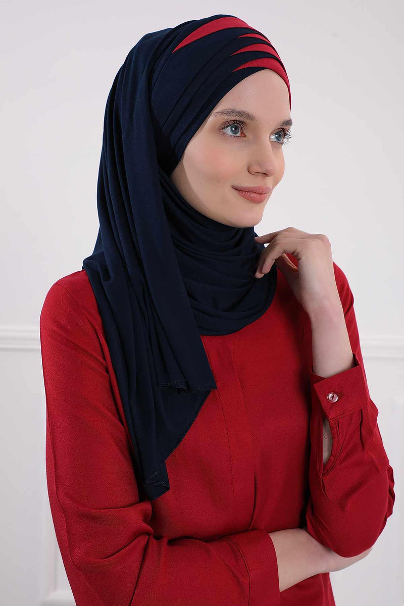 Two Colors Elegant Jersey Shawl for Women %95 Cotton Wrap Modesty Turban Cap Scarf,CPS-49 Navy Blue - Maroon