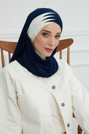 Two Colors Elegant Jersey Shawl for Women %95 Cotton Wrap Modesty Turban Cap Scarf,CPS-49 Navy Blue - Ivory