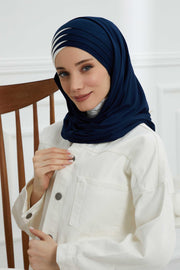 Two Colors Elegant Jersey Shawl for Women %95 Cotton Wrap Modesty Turban Cap Scarf,CPS-49 Navy Blue - Ivory