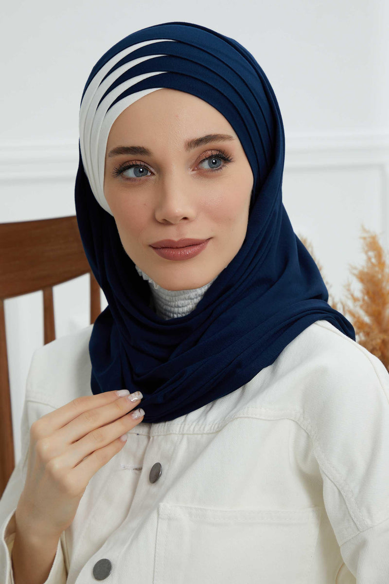 Two Colors Elegant Jersey Shawl for Women %95 Cotton Wrap Modesty Turban Cap Scarf,CPS-49 Navy Blue - Ivory