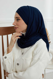 Two Colors Elegant Jersey Shawl for Women %95 Cotton Wrap Modesty Turban Cap Scarf,CPS-49 Navy Blue - Ivory