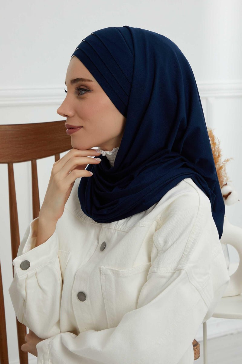 Two Colors Elegant Jersey Shawl for Women %95 Cotton Wrap Modesty Turban Cap Scarf,CPS-49 Navy Blue - Ivory