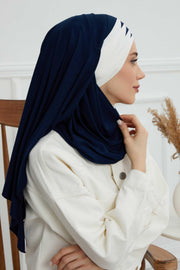 Two Colors Elegant Jersey Shawl for Women %95 Cotton Wrap Modesty Turban Cap Scarf,CPS-49 Navy Blue - Ivory