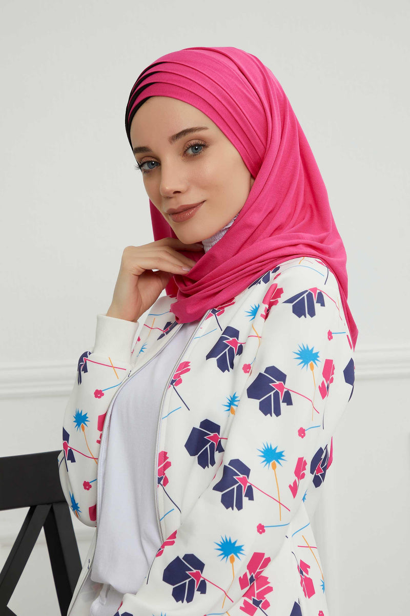 Two Colors Elegant Jersey Shawl for Women %95 Cotton Wrap Modesty Turban Cap Scarf,CPS-49 Fuchsia - Black