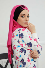 Two Colors Elegant Jersey Shawl for Women %95 Cotton Wrap Modesty Turban Cap Scarf,CPS-49 Fuchsia - Black