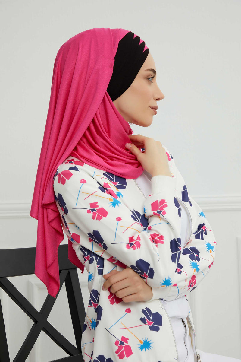 Two Colors Elegant Jersey Shawl for Women %95 Cotton Wrap Modesty Turban Cap Scarf,CPS-49 Fuchsia - Black