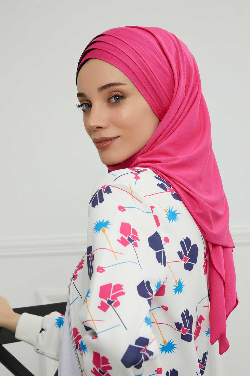 Two Colors Elegant Jersey Shawl for Women %95 Cotton Wrap Modesty Turban Cap Scarf,CPS-49 Fuchsia - Black