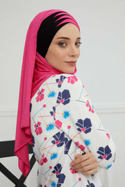 Two Colors Elegant Jersey Shawl for Women %95 Cotton Wrap Modesty Turban Cap Scarf,CPS-49 Fuchsia - Black