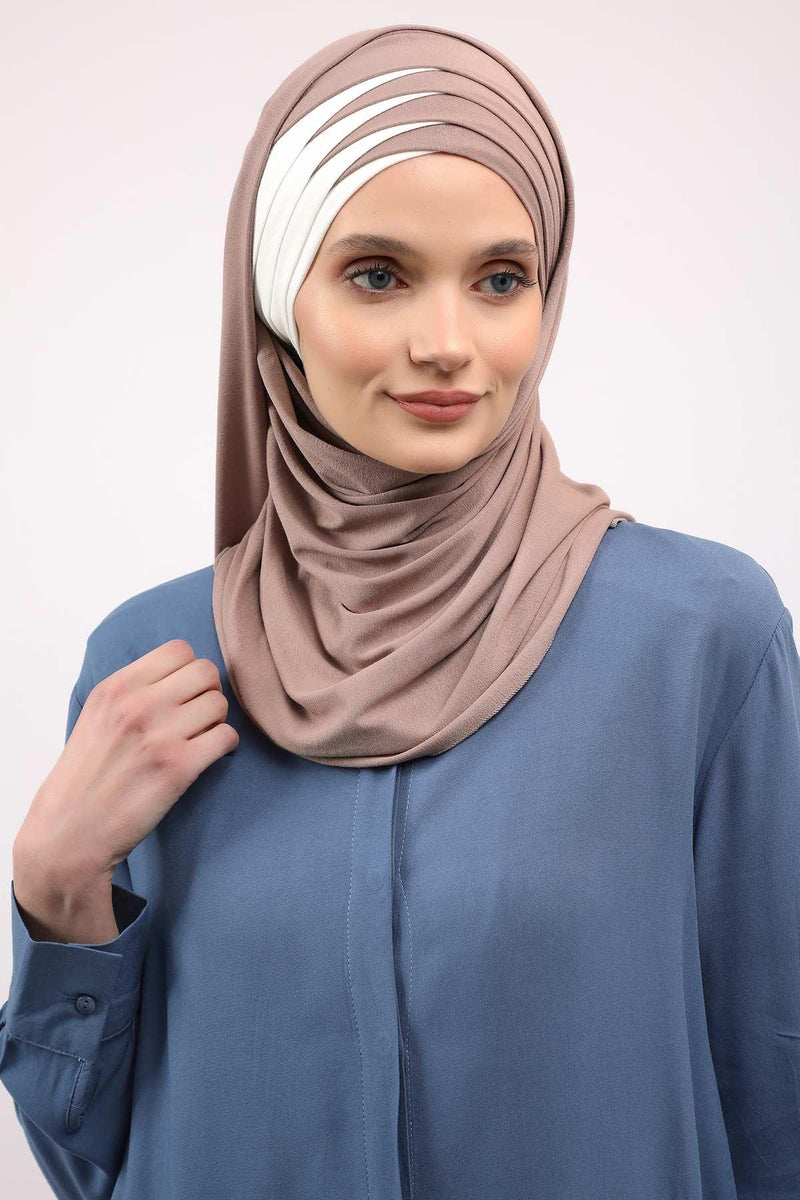 Two Colors Elegant Jersey Shawl for Women %95 Cotton Wrap Modesty Turban Cap Scarf,CPS-49 Mink - Ivory