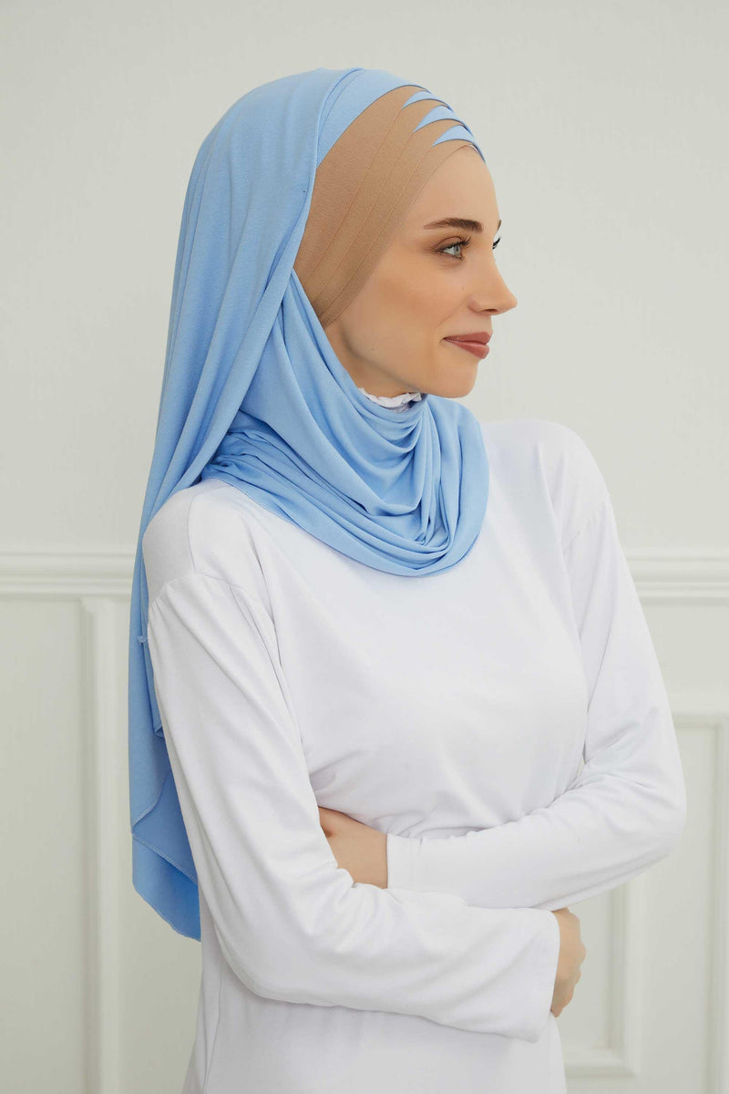 Two Colors Elegant Jersey Shawl for Women %95 Cotton Wrap Modesty Turban Cap Scarf,CPS-49 Blue-Milk Brown