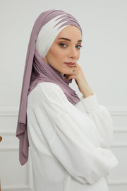 Two Colors Elegant Jersey Shawl for Women %95 Cotton Wrap Modesty Turban Cap Scarf,CPS-49 Lilac-Ivory