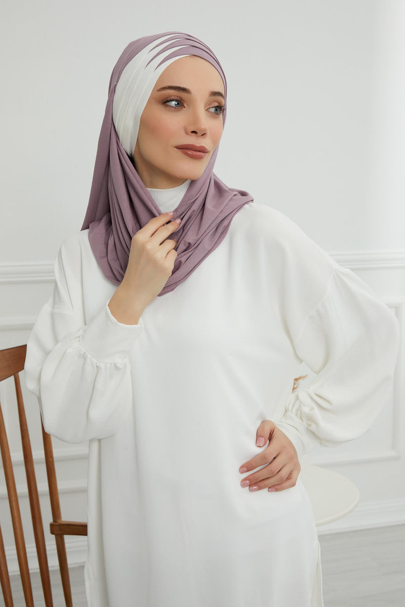 Two Colors Elegant Jersey Shawl for Women %95 Cotton Wrap Modesty Turban Cap Scarf,CPS-49 Lilac-Ivory