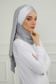 Two Colors Elegant Jersey Shawl for Women %95 Cotton Wrap Modesty Turban Cap Scarf,CPS-49 Grey 2 -White