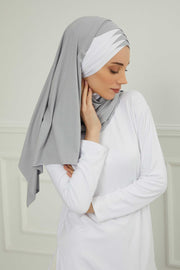 Two Colors Elegant Jersey Shawl for Women %95 Cotton Wrap Modesty Turban Cap Scarf,CPS-49 Grey 2 -White
