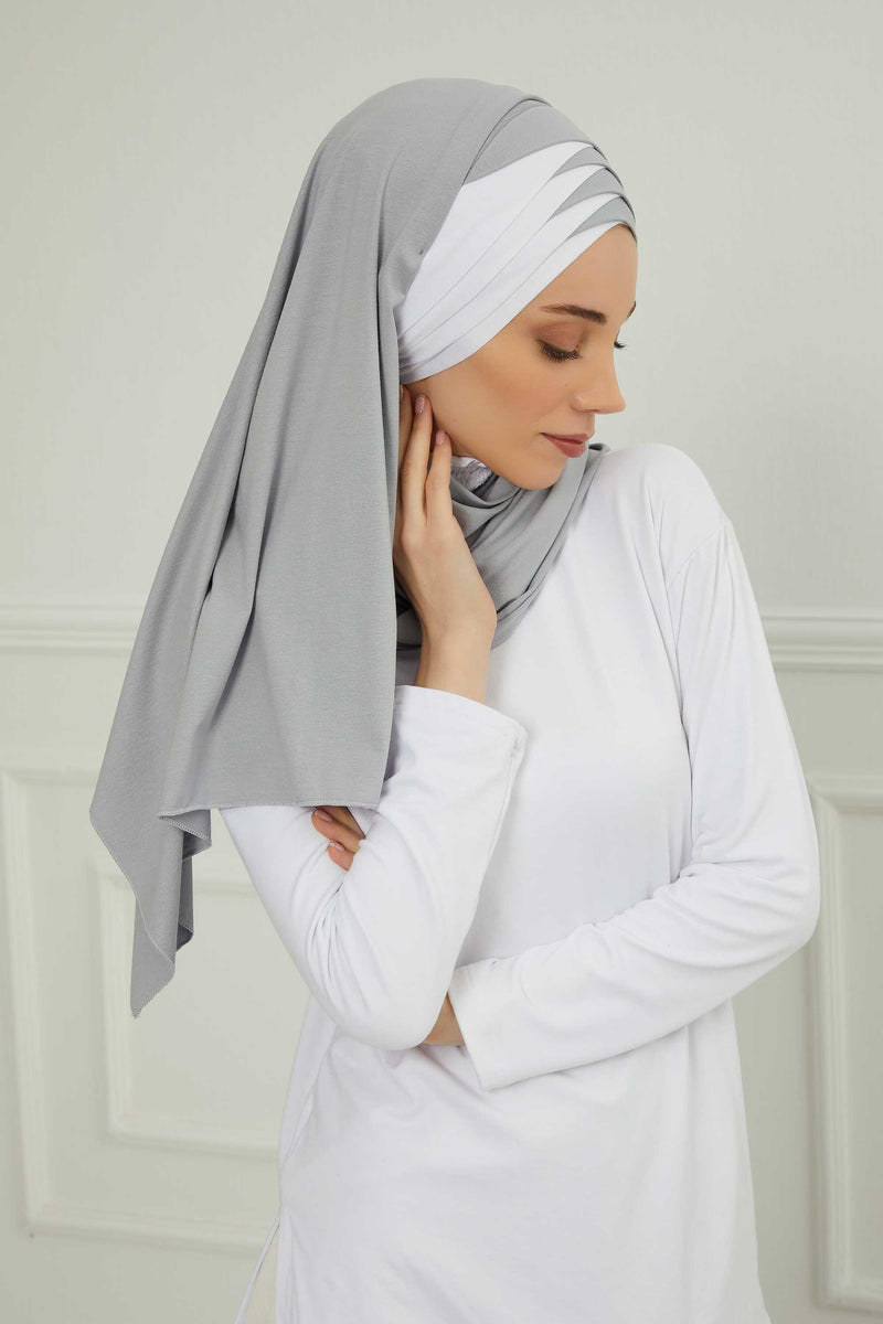 Two Colors Elegant Jersey Shawl for Women %95 Cotton Wrap Modesty Turban Cap Scarf,CPS-49 Grey 2 -White