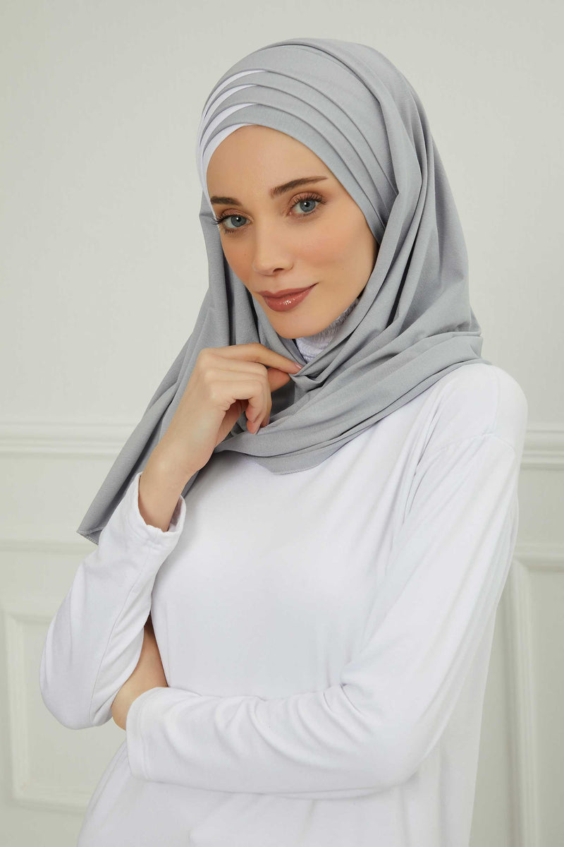Two Colors Elegant Jersey Shawl for Women %95 Cotton Wrap Modesty Turban Cap Scarf,CPS-49 Grey 2 -White