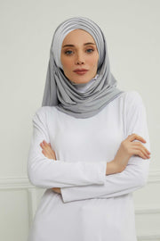 Two Colors Elegant Jersey Shawl for Women %95 Cotton Wrap Modesty Turban Cap Scarf,CPS-49 Grey 2 -White