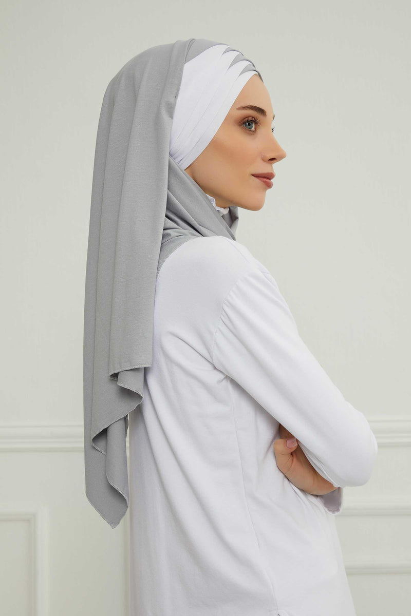Two Colors Elegant Jersey Shawl for Women %95 Cotton Wrap Modesty Turban Cap Scarf,CPS-49 Grey 2 -White